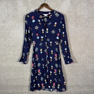 Boden Dress Womens 2 Blue Military Medal Print Long Sleeve Fit Flare Knee Length